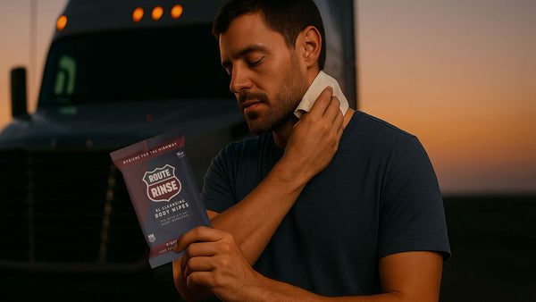 Man applying Route Rinse XL Shower Body Wipe to his neck with a truck in the background